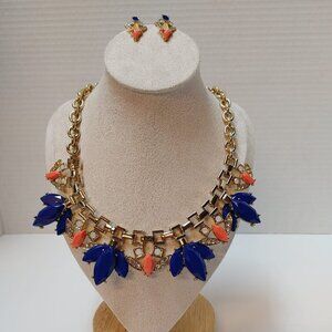 GV9 Necklace Statement Cobalt Blue & Apricot Runway Jewelry set Gold Tone VGT